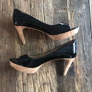 Via Spiga Black Patent Leather Cork Platform Peep-Toe Heels